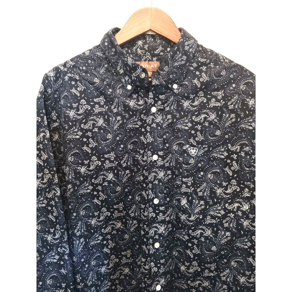 Ariat Men's XL Navy Paisley Long Sleeve Western Button Down Cotton Shirt - Picture 2 of 13